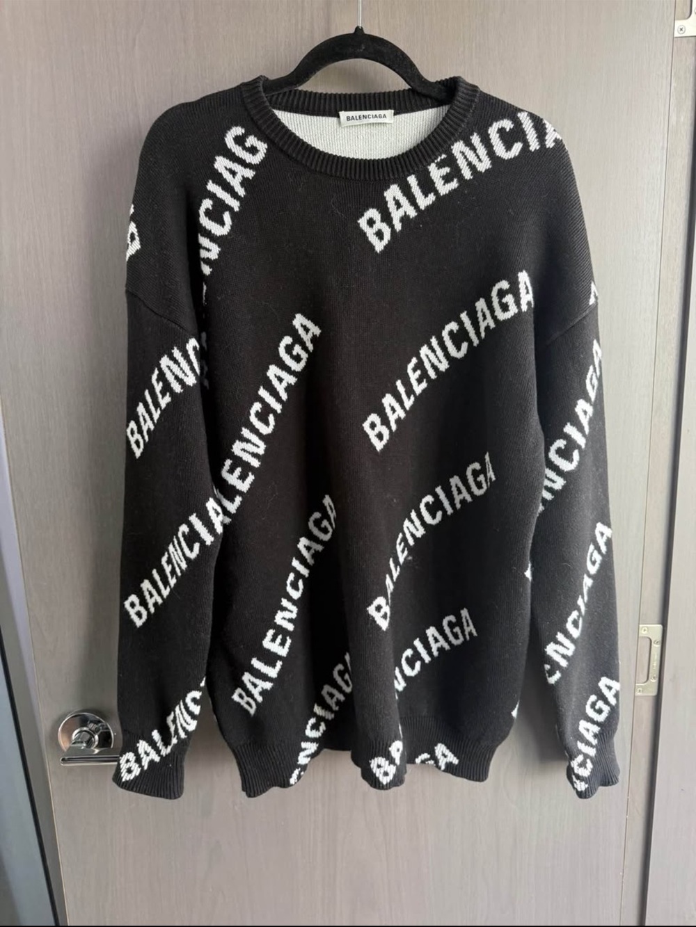 Balenciaga Black and White Logo-Print Crewneck Sweater